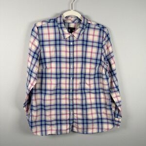 Talbots Womens Large Blue Pink Plaid Cotton Metallic Long Sleeve Button Up Shirt